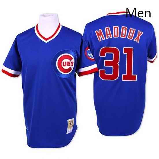 Mens Mitchell and Ness Chicago Cubs 31 Greg Maddux Replica Blue Throwback MLB Jersey